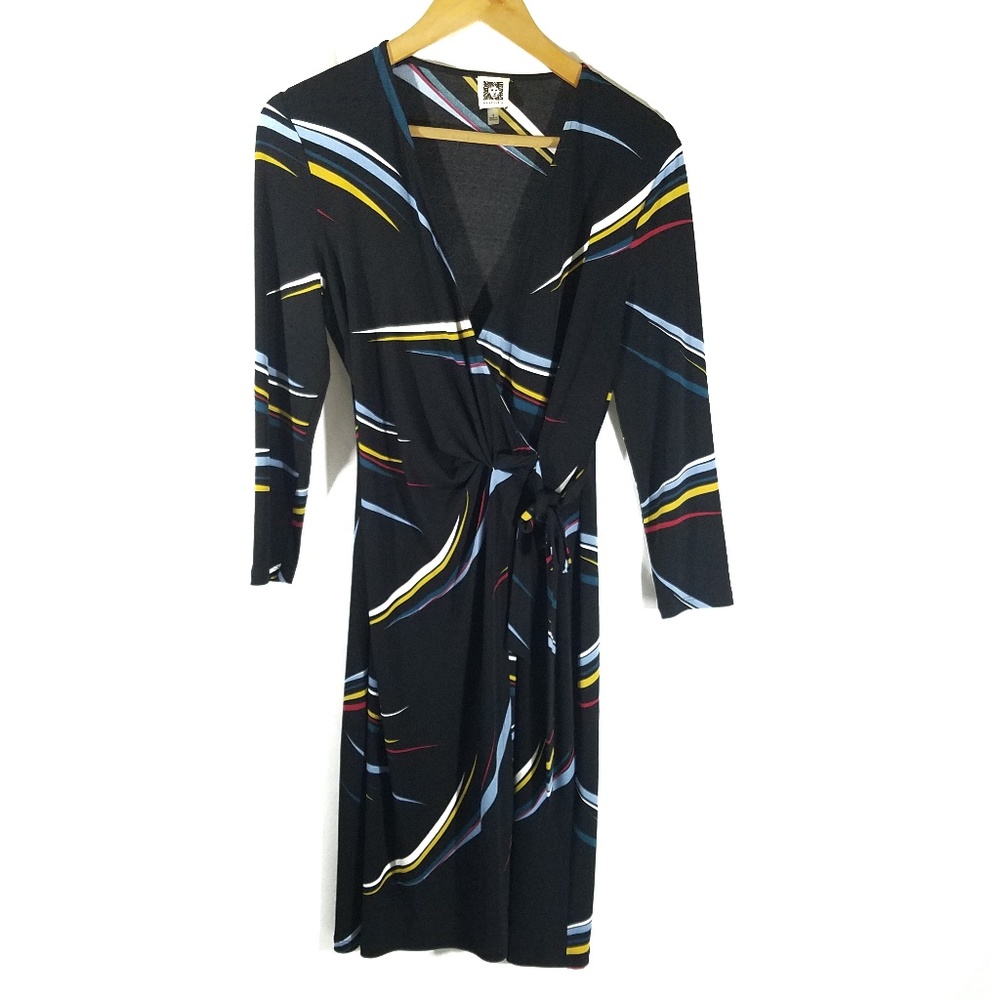 Anne Klein Black Watercolor Faux Wrap Dress